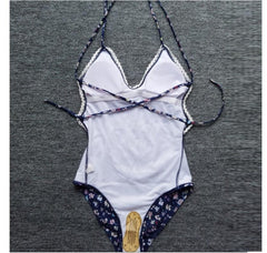 Lace-trimmed floral print straps bikini